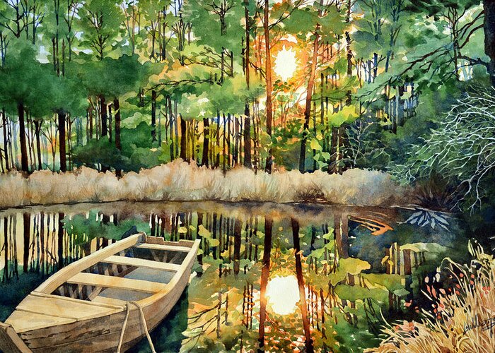 #watercolor #watercolorpainting #painting #nature #fineart #landscape Boat Greeting Card featuring the painting Setting Sun over Mulberry Pond by Mick Williams