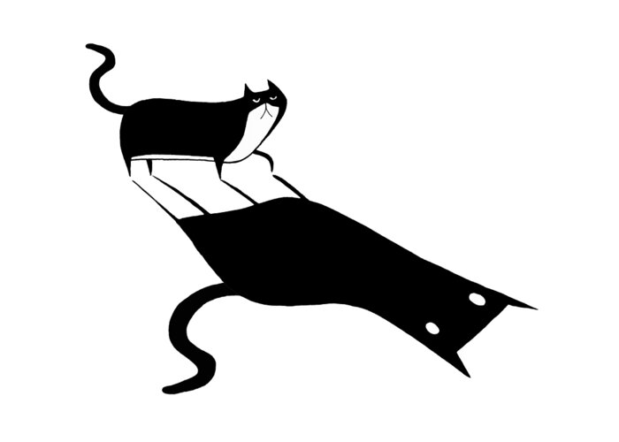 Cat Feline Pet Animal Moggie Tuxedo Prowl Hunt Shadow Light Light And Shadow Stretched Dark Eyes Ears Tail Spooky Whimsical Fun Cartoon Illustration Drawing Pen And Ink Ink Drawing Monochrome Black And White Greeting Card featuring the drawing Shadow by Andrew Hitchen