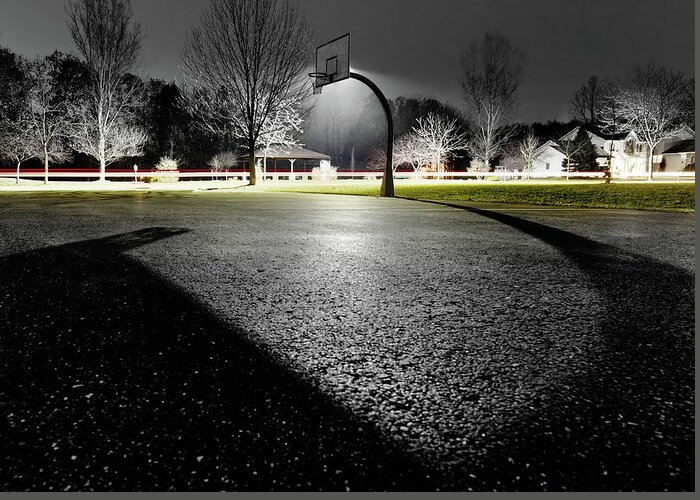 Basketball Greeting Card featuring the photograph ShadowBall - basketball hoop in Stoughton WI casts interesting shadow on asphalt by Peter Herman