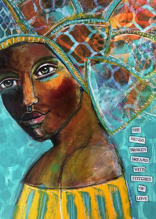 Inspire Greeting Card featuring the mixed media She mends broken dreams by Lynn Colwell