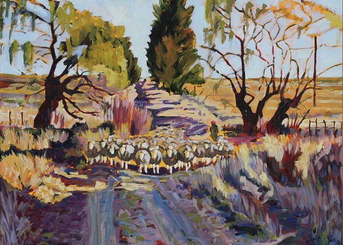 Sheep And Shepherd At Sunset Oil Painting Bertram Poole Greeting Card featuring the painting Sheep and Shepherd at Sunset oil painting Bertram Poole by Thomas Bertram POOLE