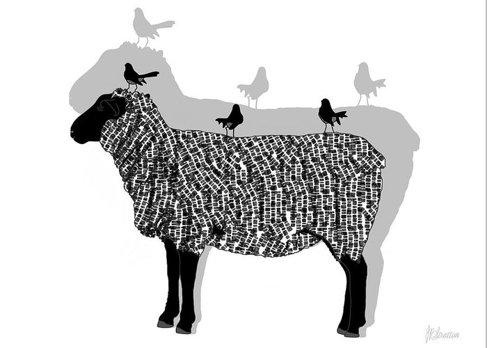 Black Faced Sheep Greeting Card featuring the drawing Sheep And Three Willie Wagtails Black And White Pattern by Joan Stratton