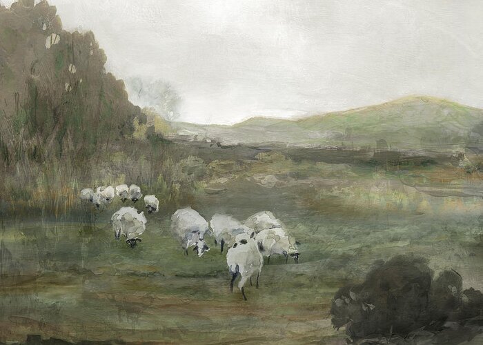 Muted Green Hillside Trees Grazing Sheep Landscape Textured Vintage Look Greeting Card featuring the painting Sheep Herd by Carol Robinson