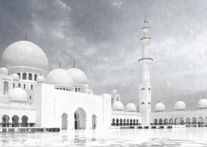 Abu Dhabi Greeting Card featuring the painting Sheikh Zayed Grand Mosque BW - Abu Dhabi UAE by Stefano Senise