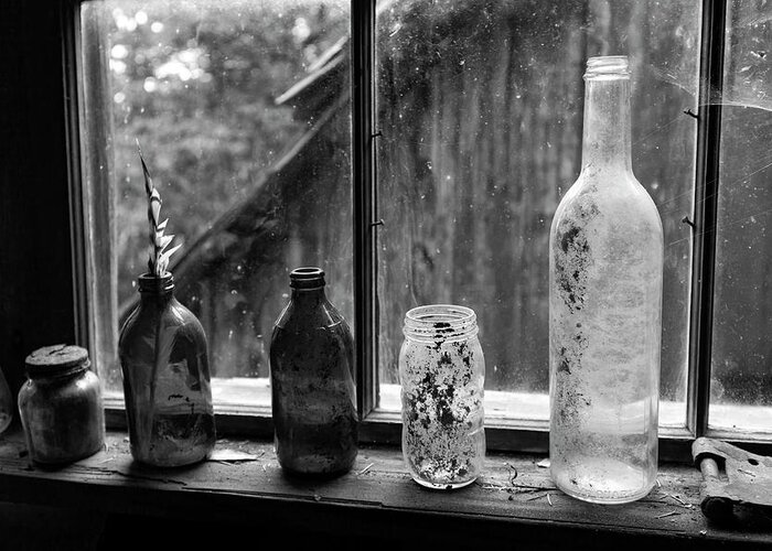 Bottles Greeting Card featuring the photograph Shephard's Cabin Windowsill in Monochrome, Lyons Ranch by Rick Pisio