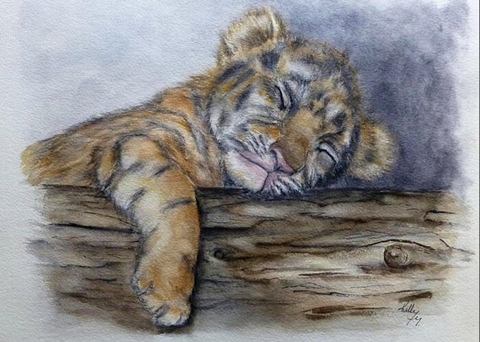 Tiger Cub Greeting Card featuring the painting Shhh Tiger Cub is Sleeping by Kelly Mills