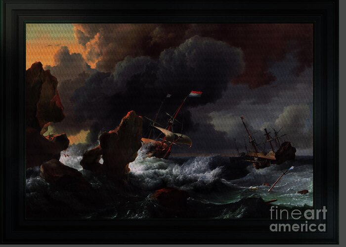 Ships In Distress Off A Rocky Coast Greeting Card featuring the painting Ships In Distress Off A Rocky Coast by Ludolf Bakhuizen Classical Art Reproduction by Rolando Burbon