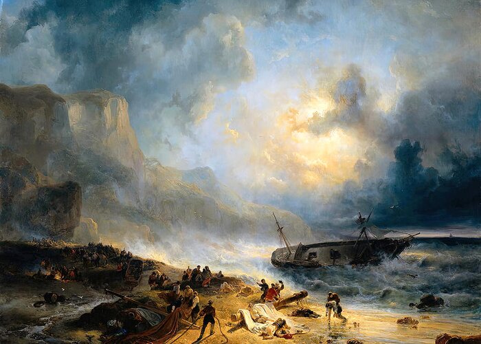 Shipwreck Greeting Card featuring the painting Shipwreck on a Rocky Coast by Wijnandus Johannes Joseph Nuyen