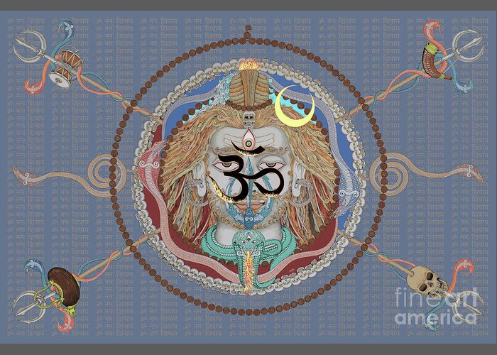 Om Greeting Card featuring the painting Shiva OM munda mala gray by Vrindavan Das