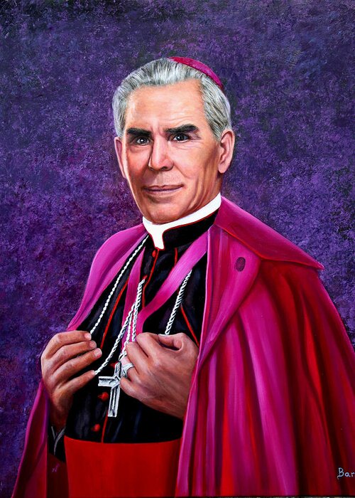 Bishop Fulton Sheen Greeting Card featuring the painting Show Me Your Scars by Richard Barone