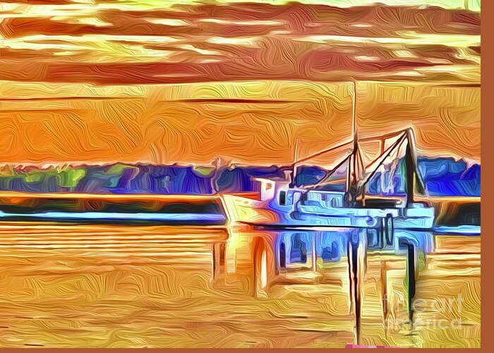  Greeting Card featuring the digital art Shrimp boat at Sunrise by Michael Stothard