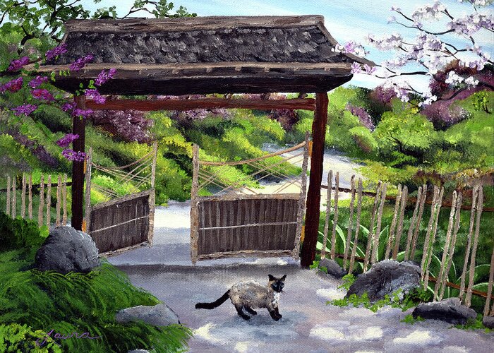 Siamese Cat Greeting Card featuring the painting Siamese Cat at Hakone Side Gate by Laura Iverson