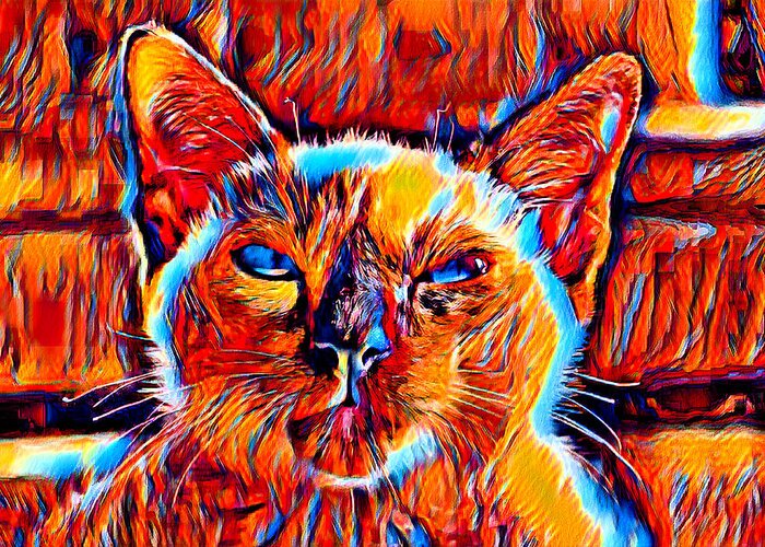 Siamese Cat Greeting Card featuring the digital art Siamese cat face in the sun - colorful dark orange, red and cyan by Nicko Prints