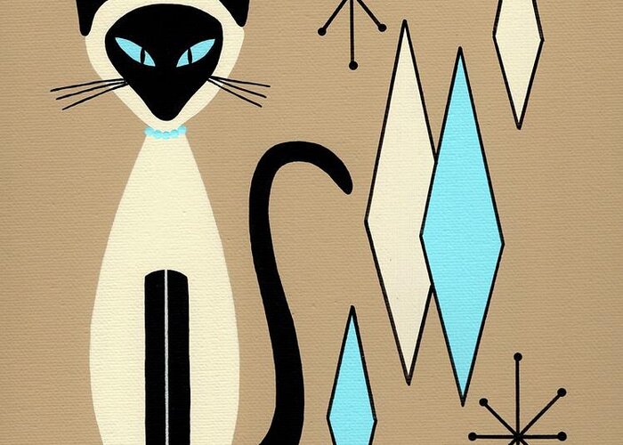 Mid Century Modern Siamese Cat Greeting Card featuring the painting Siamese Cat with Retro Diamonds by Donna Mibus