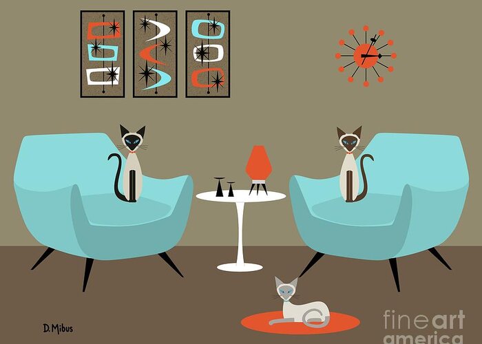 Siamese Cat Greeting Card featuring the digital art Siamese Cats in Orange and Blue by Donna Mibus