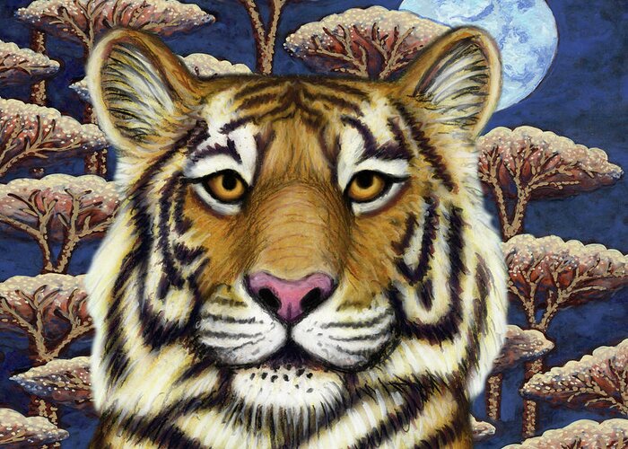 Tiger Greeting Card featuring the painting Siberian Tiger Moon by Amy E Fraser