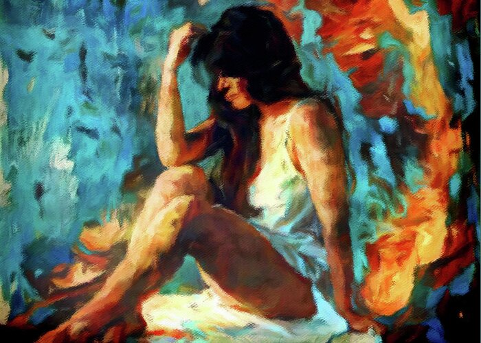 Contemporary Female Portrait In Oil Greeting Card featuring the digital art Simone in a Sunbeam by Susan Maxwell Schmidt