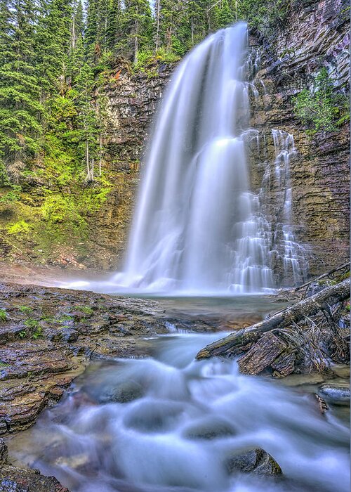 The Powerful And Towering Cascading Virginia Falls At Glacier Na Greeting Card featuring the photograph Simplest things can turn out to be amazing by Carolyn Hall