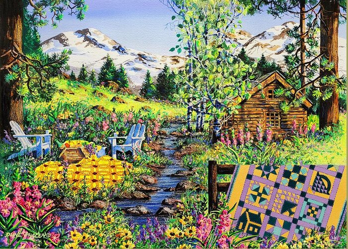 Log Cabin Greeting Card featuring the painting Sisters Sampler by Diane Phalen