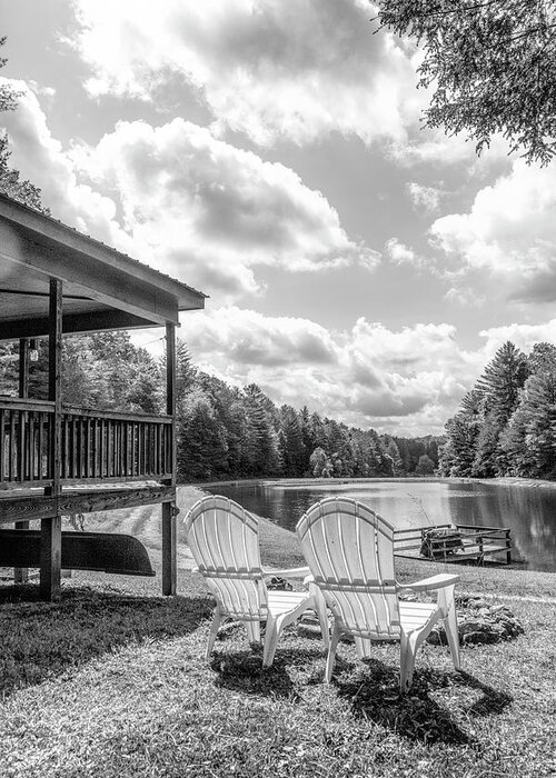 Black Greeting Card featuring the photograph Sitting in Sunshine at the Lake Black and White by Debra and Dave Vanderlaan