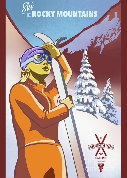 Retro Ski Poster Greeting Card featuring the painting Ski the Rocky Mountains by Sassan Filsoof