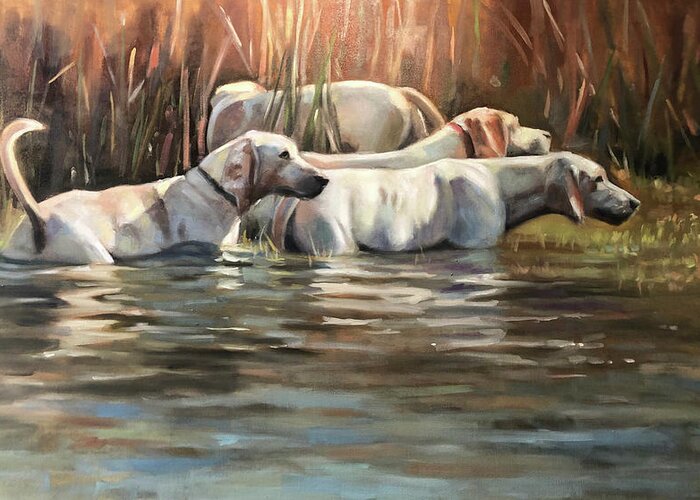 Hounds Dogs Painting Portrait Foxhounds Water Contemporary Greeting Card featuring the painting Skinny Dipping by Susan Bradbury