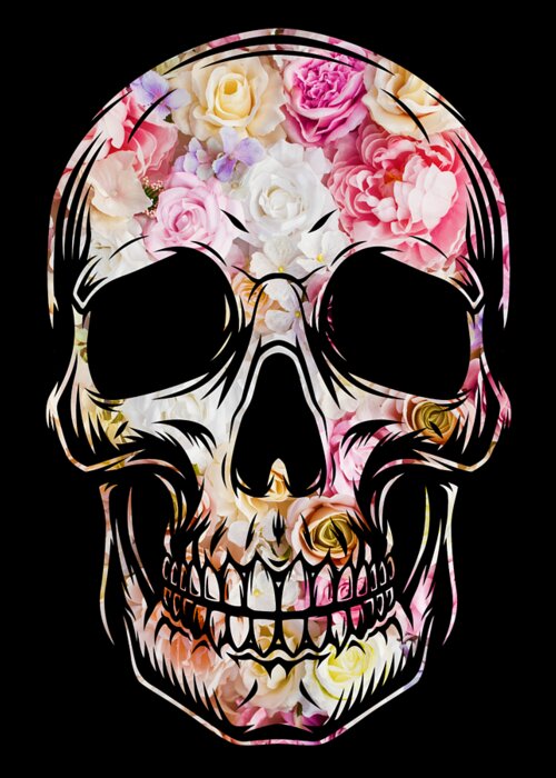Skull Greeting Card featuring the painting Skull Flowers Floral T-Shirt by Tony Rubino