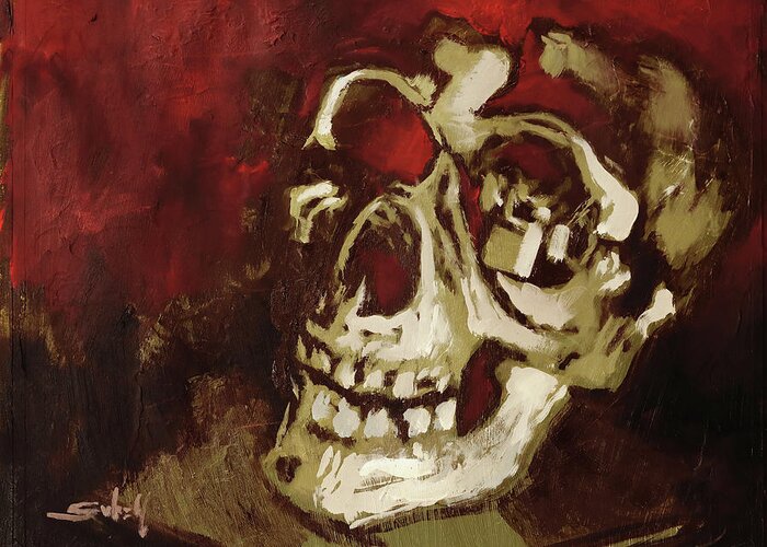 Skull Greeting Card featuring the painting Skull in Red Shade by Sv Bell
