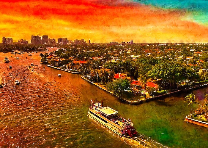 Florida Greeting Card featuring the digital art Skyline of downtown Fort Lauderdale seen from the New River at sunset - oil painting by Nicko Prints