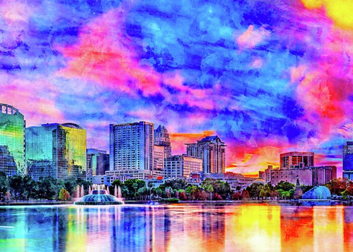 Downtown Orlando Greeting Card featuring the digital art Skyline of downtown Orlando, Florida, seen at sunset from lake Eola - ink and watercolor by Nicko Prints