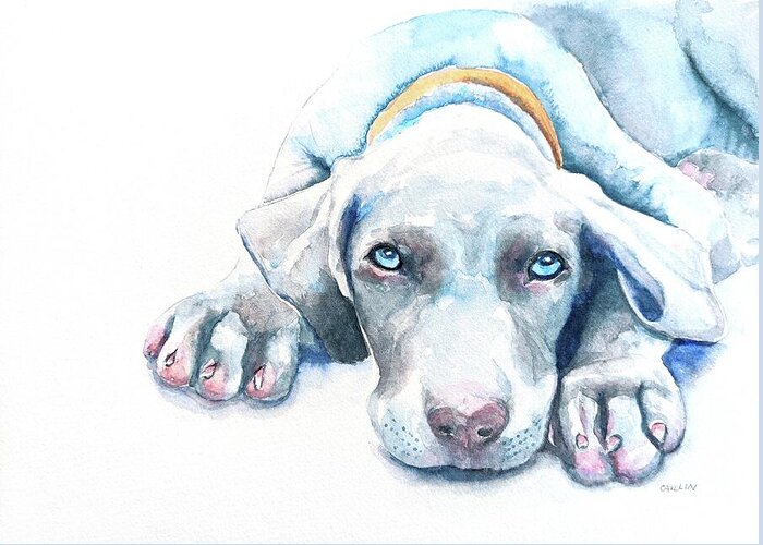 Dog Greeting Card featuring the painting Sleepy Puppy Weimaraner by Carlin Blahnik CarlinArtWatercolor
