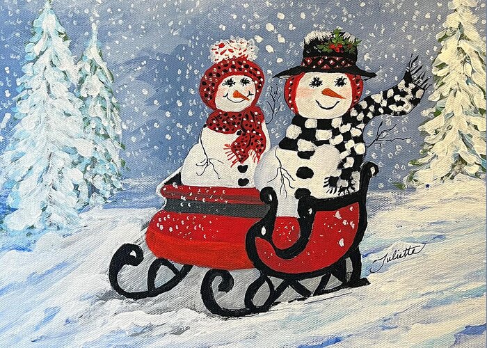 Snowman Greeting Card featuring the painting Sleighride in the Snow by Juliette Becker