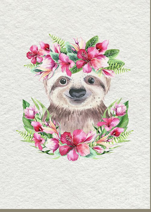 Sloth With Flowers Greeting Card featuring the painting Sloth With Flowers by Nursery Art