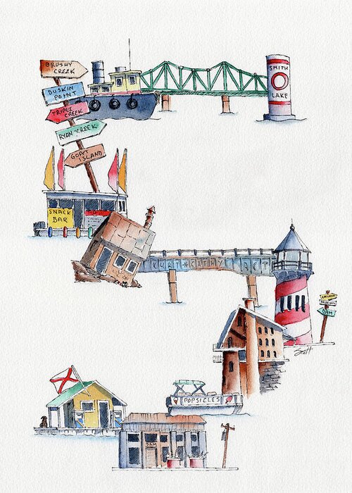 Line And Wash Greeting Card featuring the painting Smith Lake Curly Town by Scott Brown