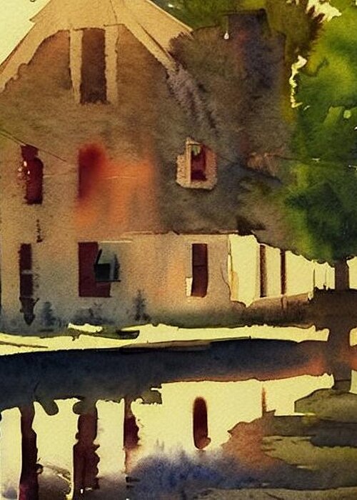 Waterloo Village Greeting Card featuring the painting Smith's Store Rear on the Morris Canal at Waterloo Village, Golden Hour by Christopher Lotito