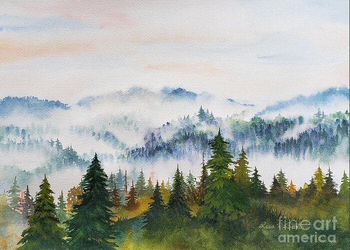 Trees Greeting Card featuring the painting Smoke in the Mountains by Lisa Debaets