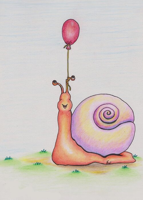Snail Greeting Card featuring the drawing Snail With Red Balloon by Vicki Noble