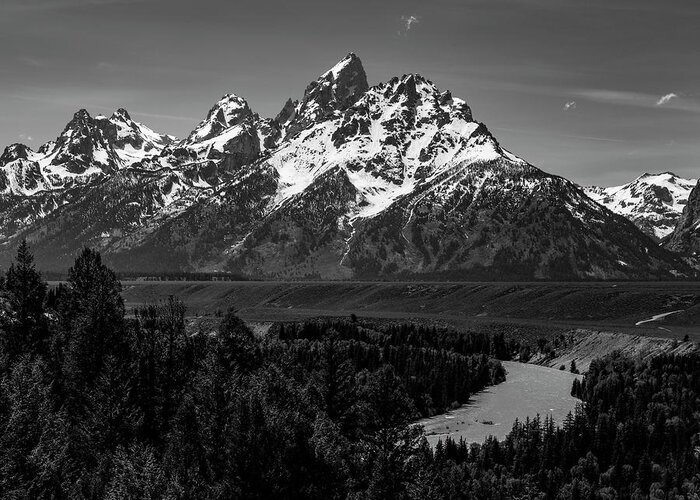 Snake River Overlook Black And White Greeting Card featuring the photograph Snake River View Grand Tetons Black And White by Dan Sproul