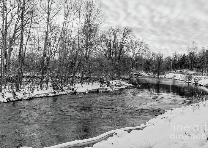 Black And White Greeting Card featuring the photograph Snow Beauty James River Grayscale by Jennifer White
