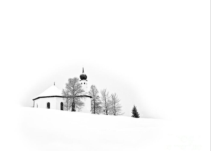 Cozy Snow Winter Austria White Trees Church Stylish Contemporary Conceptual Christmas Atmospheric Peaceful Beautiful Delightful Delicate Gentle Soft Snowdrifts Painterly Graphical Black Mono B&w Minimal Minimalist Minimalism Simplistic Simple Attractive Restful Relaxing Drawing Graphics Covered Xmas Season Greetings Enjoyable Cold Freezing Warm Calm Card Tranquility Relaxation Serene Singular Scenery View Magical Fairy Tale Elements Poetic Artistic Tranquility Snowing Snowfall Spiritual Inspire Greeting Card featuring the photograph Snow, Cosy Snow, White Christmas by Tatiana Bogracheva