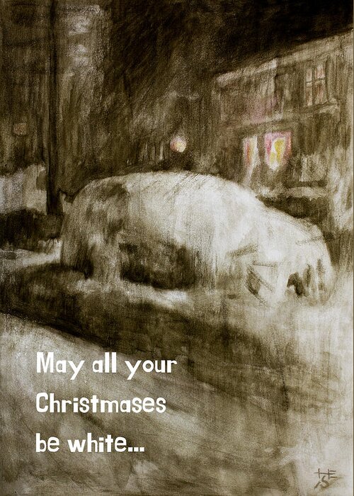 Christmas Card Greeting Card featuring the painting Snow Covered Car At Night - Christmas car version by Hans Egil Saele