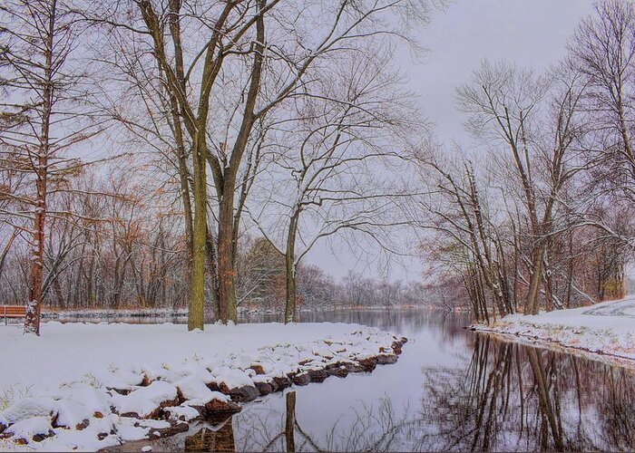 Wausau Greeting Card featuring the photograph Snow Covered Oak Park And Reflection by Dale Kauzlaric