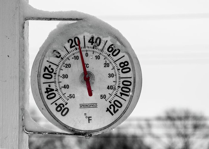 Thermometer Greeting Card featuring the photograph Snow Covered Thermometer by Cathy Kovarik