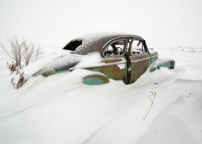 1947 Greeting Card featuring the photograph Snow Cruiser - 1 of 3 - 1947 Chevy Coup in a ND snow scene by Peter Herman
