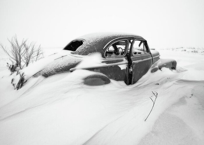 1947 Greeting Card featuring the photograph Snow Cruiser - 1947 Chevy Coup in a ND snow scene - black and white conversion by Peter Herman