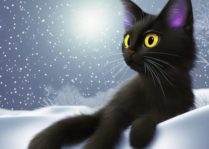 Snow; Kitty; Cat; Black Cat; Moon; Snowbank; Digital Art; Square; Children's Art; Greeting Card featuring the digital art Snow Kitty by Tina Uihlein