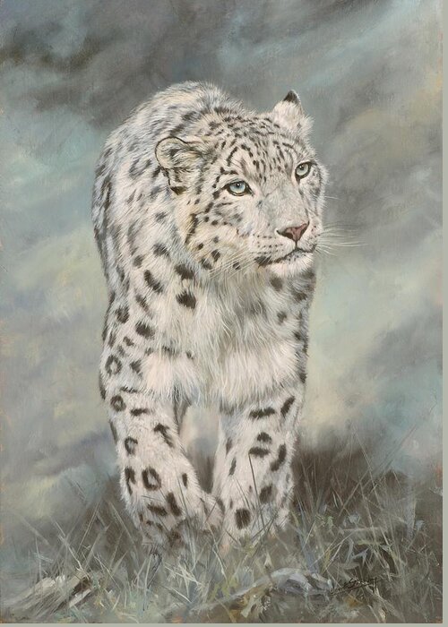 Snow Leopard Greeting Card featuring the painting Snow Leopard 5 by David Stribbling