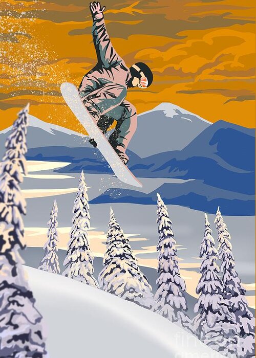 Snowboard Greeting Card featuring the painting Snowboarder Air by Sassan Filsoof