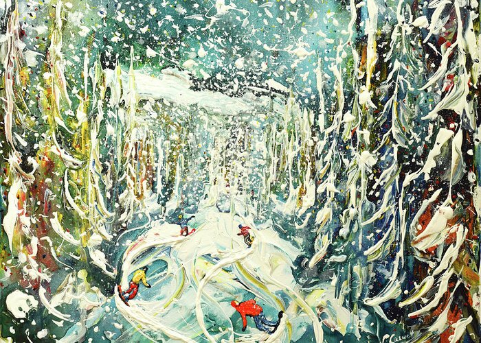 Snow Greeting Card featuring the painting Snowboards Snowing in the Woods Print and Poster by Pete Caswell