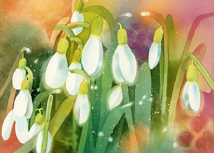 Snowdrops Greeting Card featuring the painting Snowdrops - Magical Lanterns by Espero Art